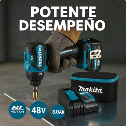 TALADRO INALÁMBRICO Makita con PERCUTOR + 24 ACCESORIOS + 2 BATERIAS 48V