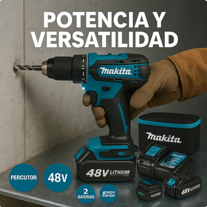 TALADRO INALÁMBRICO Makita con PERCUTOR + 24 ACCESORIOS + 2 BATERIAS 48V