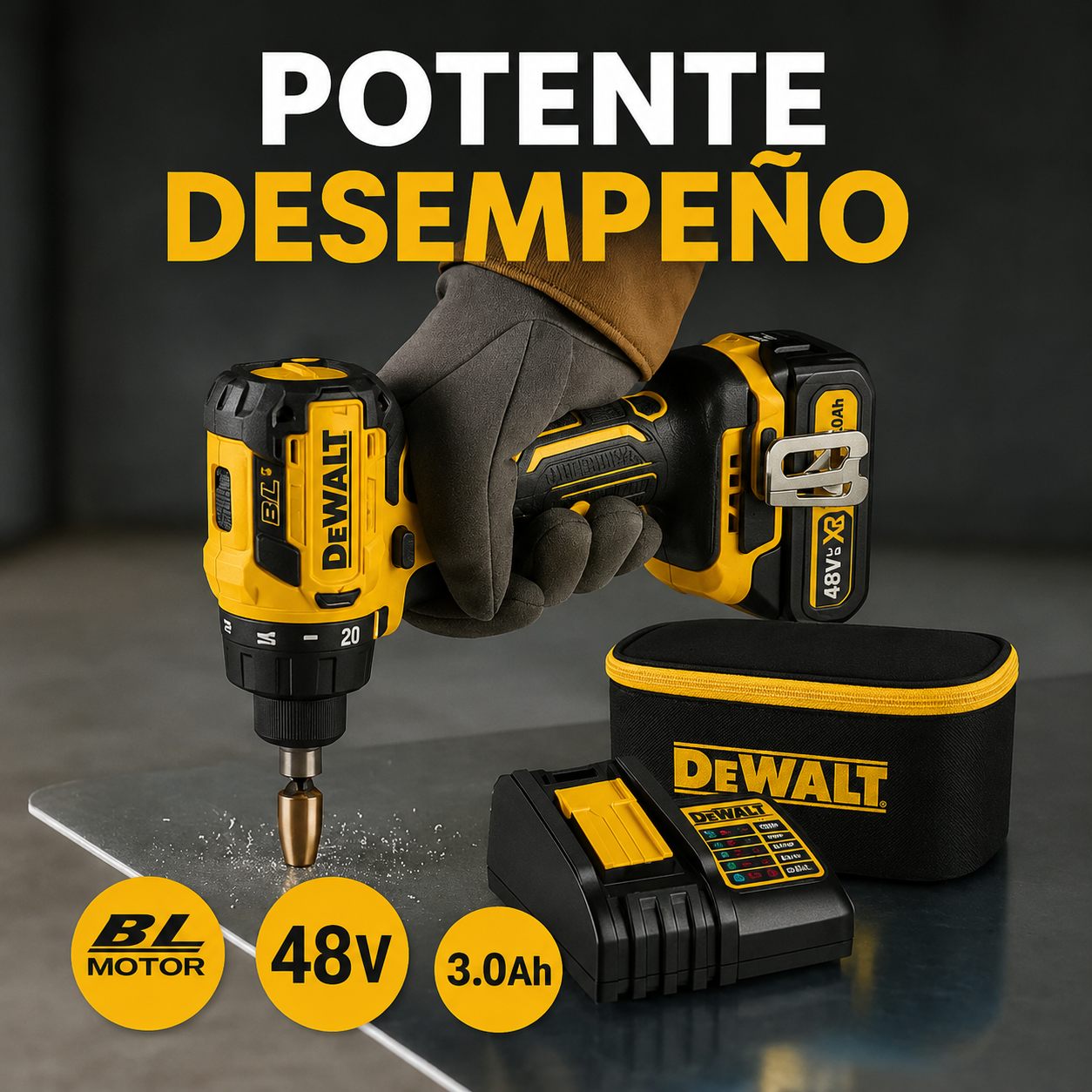 TALADRO INALÁMBRICO De Walt con PERCUTOR + 24 ACCESORIOS + 2 BATERIAS 48V