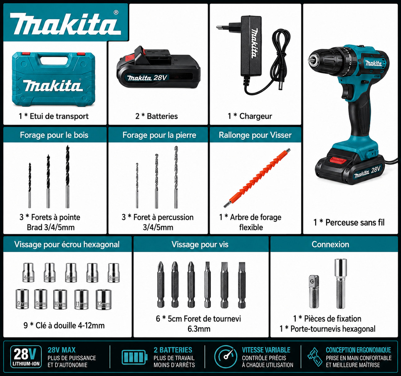 TALADRO INALÁMBRICO Makita con PERCUTOR + 24 ACCESORIOS + 2 BATERIAS 48V